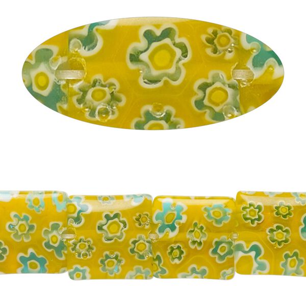 Bead, millefiori glass, translucent yellow / blue / white, 11mm-13x12mm puffed square with flower design. Sold per 14-inch strand. image number 0