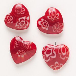 Bead, millefiori glass, pkg/4, translucent red and white, 18-20mm half-drilled puffed heart.