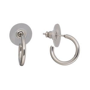 Earring, stainless steel, 15mm round half-hoop with post. Sold per pkg of 2 pairs.