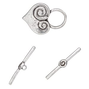 Clasp toggle 1pkg4 silver-plated, 22x16mm heart, brass antique 1-strand