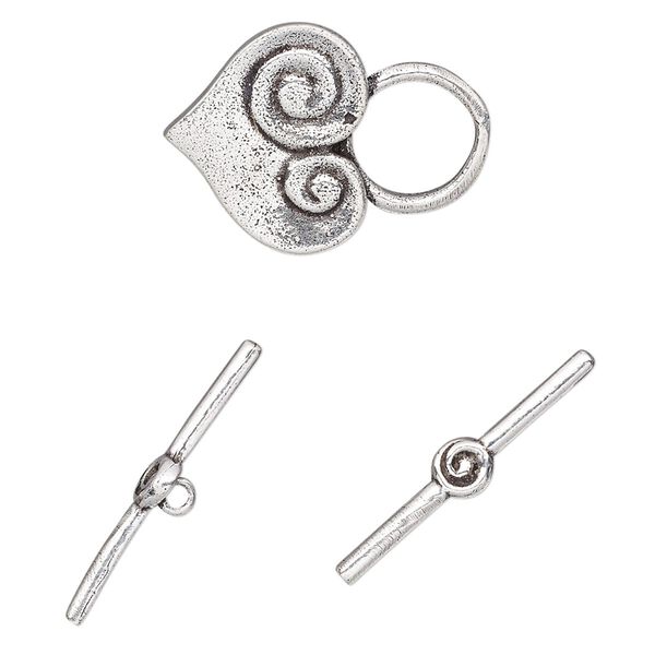Clasp toggle 1pkg4 silver-plated, 22x16mm heart, brass antique 1-strand image number 0