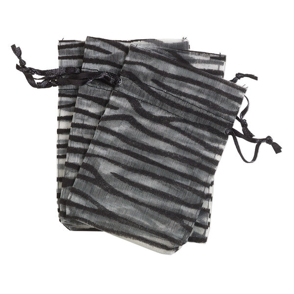 Pouch, satin and flocked organza, grey and black, 4x3-inch rectangle with zebra design and drawstring. Sold per pkg of 3. image number 0
