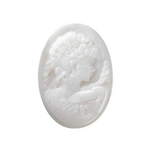 Cabochon, mother-of-pearl shell (natural), 30x22mm calibrated carved oval cameo with woman, Mohs hardness 3-1/2. Sold individually.