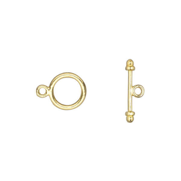 Clasp, toggle, gold-finished "pewter" (zinc-based alloy), 9.5mm round with double ribbed design. Sold per pkg of 20. image number 0