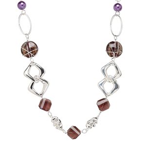 Necklace, lampworked glass and silver-plated steel and plastic, purple with copper-plated glitter, 35x33mm flat round, 36-inch continuous loop. Sold individually.