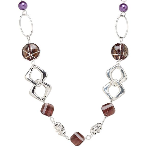 Necklace, lampworked glass and silver-plated steel and plastic, purple with copper-plated glitter, 35x33mm flat round, 36-inch continuous loop. Sold individually. image number 0