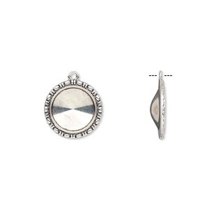 Drop, Almost Instant Jewelry®, antique silver-finished "pewter" (zinc-based alloy), 24mm round with beaded design and 18mm rivoli setting. Sold per pkg of 6.