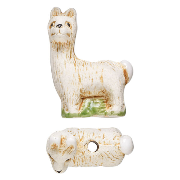 Bead, glazed ceramic, multicolored, 27x20mm hand-painted llama. Sold per pkg of 2. image number 0