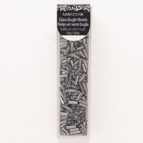 Bead, bugle bead, glass, pkg/33g, 7x2mm round tube, opaque gunmetal. image number 0