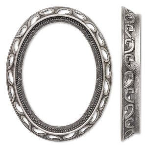 Component, antique silver-plated brass, 48x38mm oval with swirl design and 40x30mm oval setting. Sold per pkg of 4.