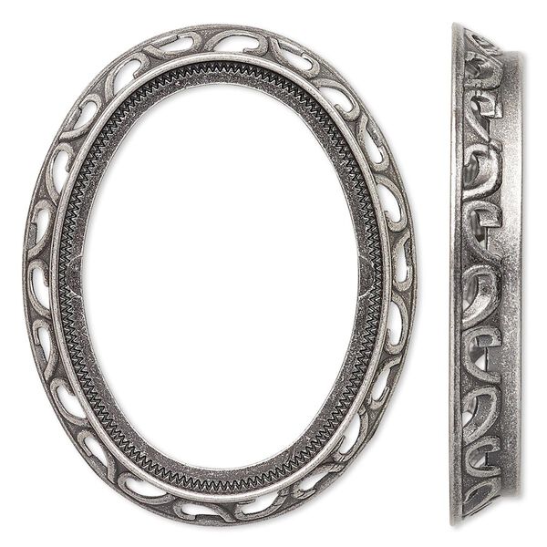 Component, antique silver-plated brass, 48x38mm oval with swirl design and 40x30mm oval setting. Sold per pkg of 4. image number 0