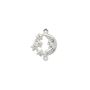 Link, silver-plated brass, 11mm moon face with stars. Sold per pkg of 10.