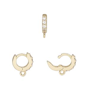 Hoop, gold-finished brass and cubic zirconia, clear, 11mm hoop, 18 gauge. Sold per pair.