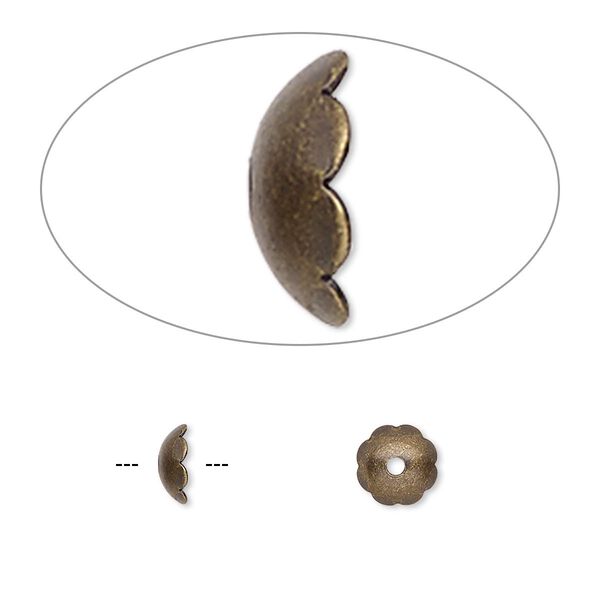 Bead cap, antique gold-plated brass, 6x2mm scalloped round, fits 6-8mm bead. Sold per pkg of 500. image number 0