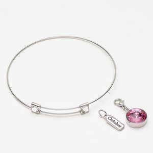 Bracelet bangle drop assortment 1pkg3 "pewter" (zinc-based alloy) / crystal, silver finish / pink tourmaline / clear 8 inches adjustable