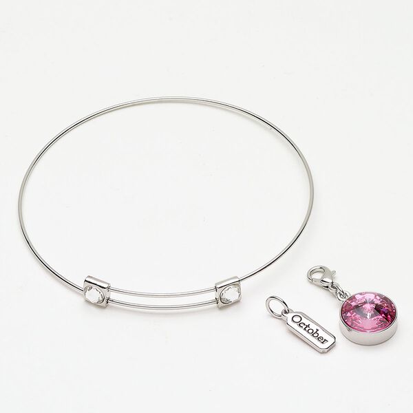 Bracelet bangle drop assortment 1pkg3 "pewter" (zinc-based alloy) / crystal, silver finish / pink tourmaline / clear 8 inches adjustable image number 0