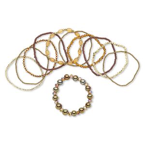 Bracelet, stretch, glass / painted wood / gold-coated plastic, brown, 1-10mm wide, 6-1/2 inches. Sold per 11-piece set.