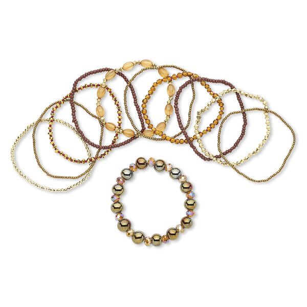 Bracelet, stretch, glass / painted wood / gold-coated plastic, brown, 1-10mm wide, 6-1/2 inches. Sold per 11-piece set. image number 0