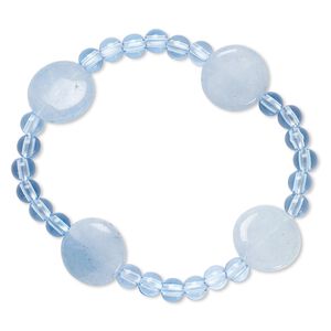 Bracelet, stretch, quartz (dyed) and acrylic, blue, 5mm round and 16-17mm flat round, 7 inches. Sold individually.