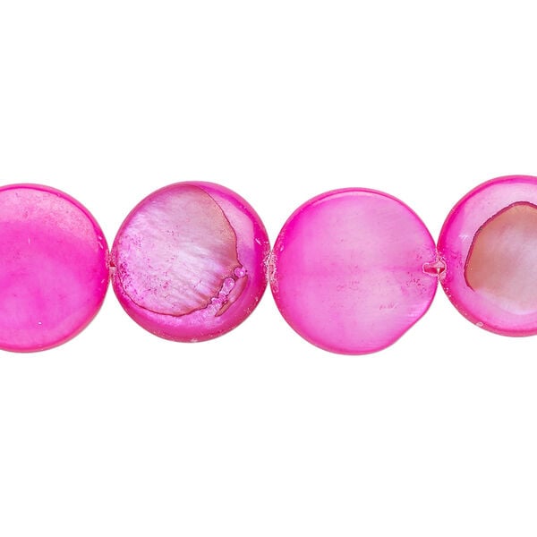 Mother-of-pearl shell 1pkg1, puffed flat round bead 15 inch bright pink 13-15mm image number 0