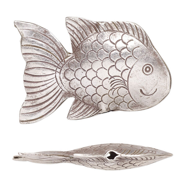 Bead, Hill Tribes, antiqued sterling silver, 37x24mm puffed fish. Sold individually. image number 0