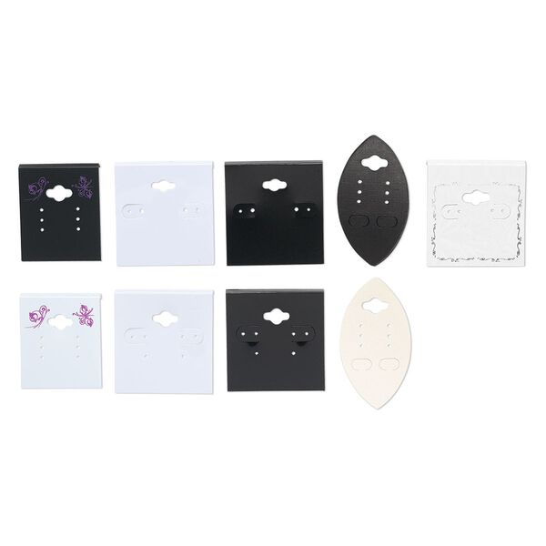 Earring card mix, PVC plastic and paper, assorted color and print, 2x1-1/2 to 2x2 inch squares and 2-3/4 x 1-1/2 inch marquise. Sold per pkg of 100. image number 0