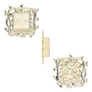 Component, gold-plated "pewter" (zinc-based alloy), 35x35mm square with vines and 17x17mm non-calibrated square setting. Sold individually.