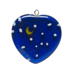 Focal, millefiori glass and silver-finished steel 1pkg1, puffed heart focal translucent cobalt blue and / white / yellow, 29-30mm puffed heart.