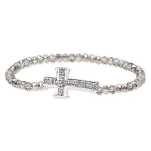 Bracelet, stretch, glass / glass rhinestone / silver plate "pewter" (zinc-based alloy), grey and clear, 4x3mm faceted rondelle and 27x17mm cross, 6-1/2 inches. Sold individually.