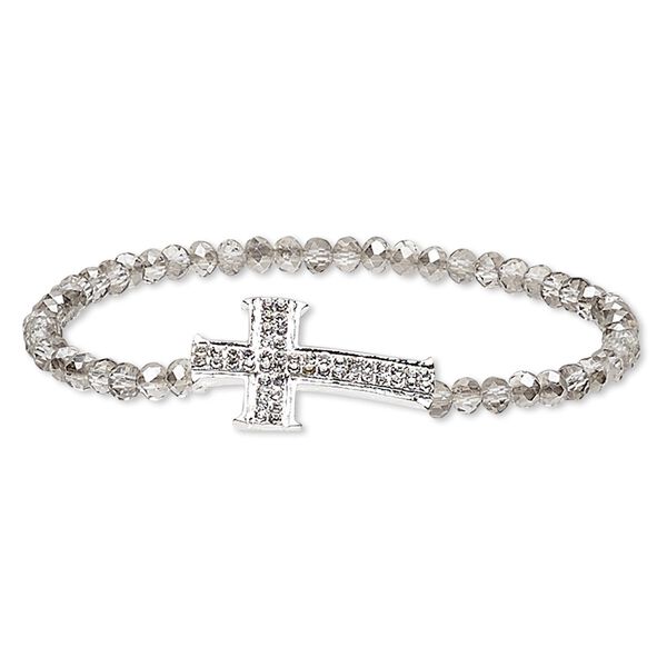 Bracelet, stretch, glass / glass rhinestone / silver plate "pewter" (zinc-based alloy), grey and clear, 4x3mm faceted rondelle and 27x17mm cross, 6-1/2 inches. Sold individually. image number 0