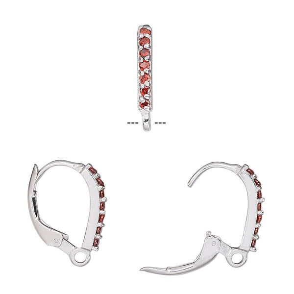 Ear wire, cubic zirconia and sterling silver, red, 16mm leverback with closed loop. Sold per pair. image number 0