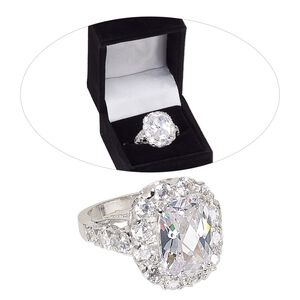 Ring, cubic zirconia and rhodium-finished brass, clear, 20mm rounded rectangle, size 8. Sold individually.