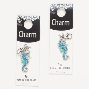 Charm, silver-finished enamel "pewter" (zinc-based alloy) / steel / glass, blue and light blue, 24x12mm single-sided seahorse with lobster claw clasp. Sold per pkg of 2.
