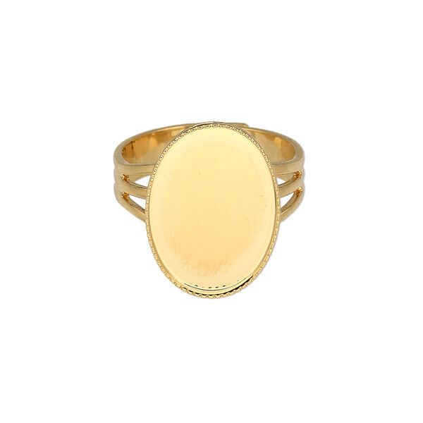 Ring, gold-plated brass, 19x14mm with 18x13mm oval setting, adjustable from size 7-10. Sold per pkg of 6. image number 0