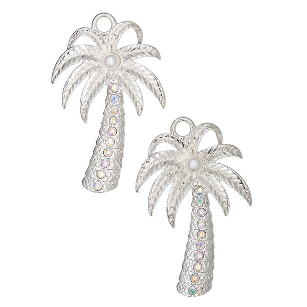 Focal, silver-finished "pewter" (zinc-based alloy) and glass, silver / clear / white AB, 2x1-1/4-inch single-sided palm tree. Sold per pkg of 2. image number 0