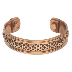 Bracelet, cuff, copper, 17mm wide with cutout fishscale pattern, adjustable from 7-8 inches with magnetic ends. Sold individually.