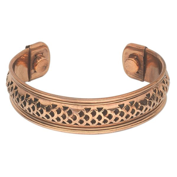 Bracelet, cuff, copper, 17mm wide with cutout fishscale pattern, adjustable from 7-8 inches with magnetic ends. Sold individually. image number 0