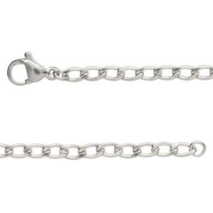 Chain, stainless steel, 3mm flat curb, 16 inches with lobster claw clasp Sold per pkg of 2.