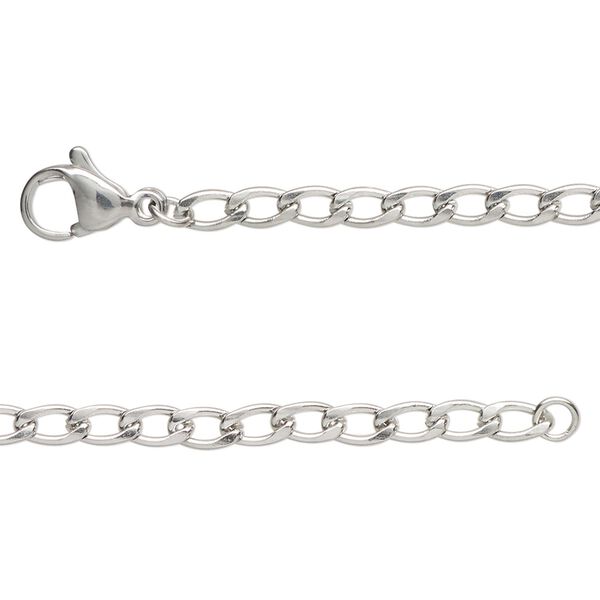 Chain, stainless steel, 3mm flat curb, 16 inches with lobster claw clasp Sold per pkg of 2. image number 0