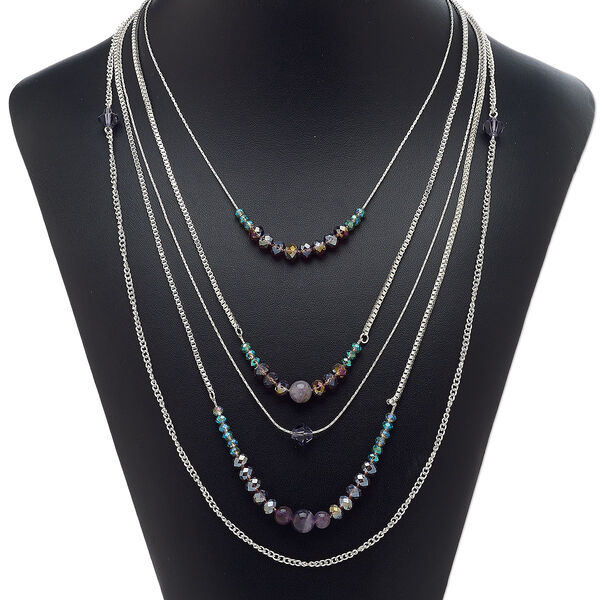 Necklace, 5-strand, amethyst (natural) / glass / silver-plated steel, purple / amethyst purple luster / clear green luster, 16 inches with 3-inch extender chain and lobster claw clasp. Sold individually. image number 0