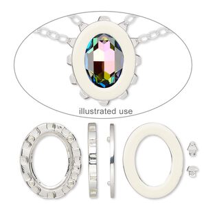 Mount, Miracle Mount™, enamel and silver-finished "pewter" (zinc-based alloy), white, 39x32mm oval with 30x22mm oval setting. Sold per 18-piece set.