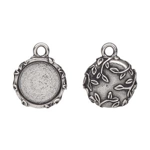 Drop, TierraCast®, antique silver-plated pewter (tin-based alloy), 16mm round with leaf design, 12.5mm cabochon setting. Sold per pkg of 20.