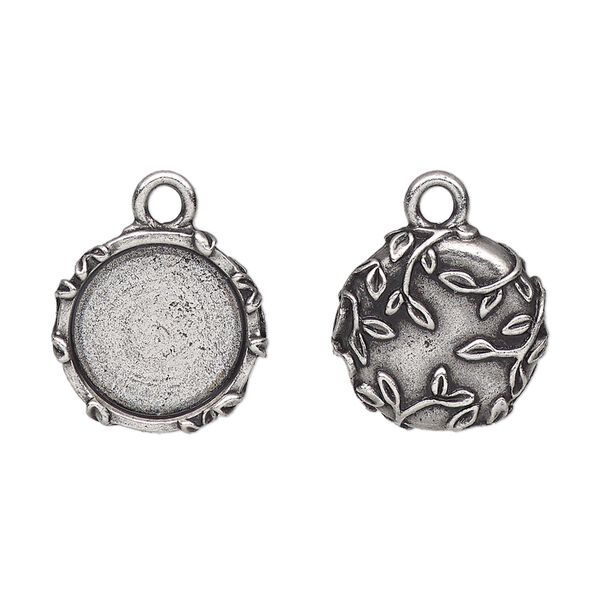 Drop, TierraCast®, antique silver-plated pewter (tin-based alloy), 16mm round with leaf design, 12.5mm cabochon setting. Sold per pkg of 20. image number 0