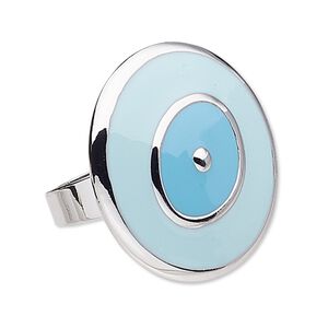 Ring, enamel and antique silver-plated "pewter" (zinc-based alloy), blue and turquoise blue, 32mm round, adjustable. Sold individually.