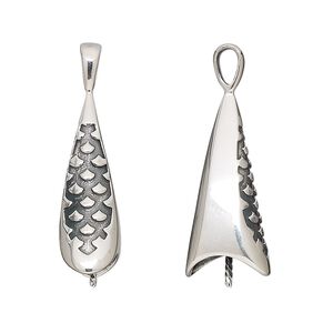 Pendant, antiqued sterling silver, 30.5x8mm cone with scale design and 4mm peg, fits 10mm half-drilled bead. Sold individually.