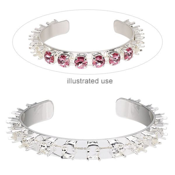 Bracelet, cuff, silver-plated brass, 9mm wide cupchain with (15) SS29 settings, adjustable from 6-1/2 to 7-1/2 inches. Sold individually. image number 0