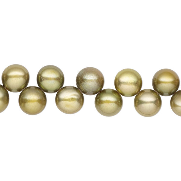 Pearl, cultured freshwater (dyed), olive green, 6-7mm top-drilled flat-sided round with 0.4-0.5mm hole, B- grade, Mohs hardness 2-1/2 to 4. Sold per 14-inch strand. image number 0
