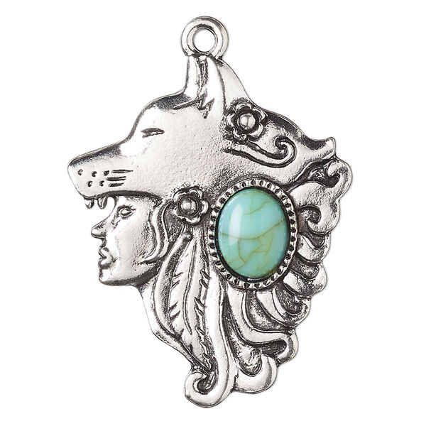 Focal, antique silver-finished "pewter" (zinc-based alloy) and "turquoise" (resin) (imitation), turquoise blue, 38.5x31mm single-sided woman with wolf head. Sold per pkg of 2. image number 0