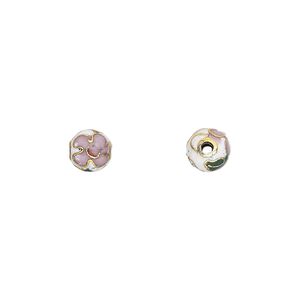 Bead, cloisonné, enamel and gold-finished copper, white and multicolored, 6mm round with flower design. Sold per pkg of 10.
