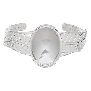 Bracelet, Almost Instant Jewelry®, cuff, silver-plated brass / steel / "pewter" (zinc-based alloy), 35mm wide with 63x35mm feather and 30x22mm oval setting, adjustable. Sold individually.